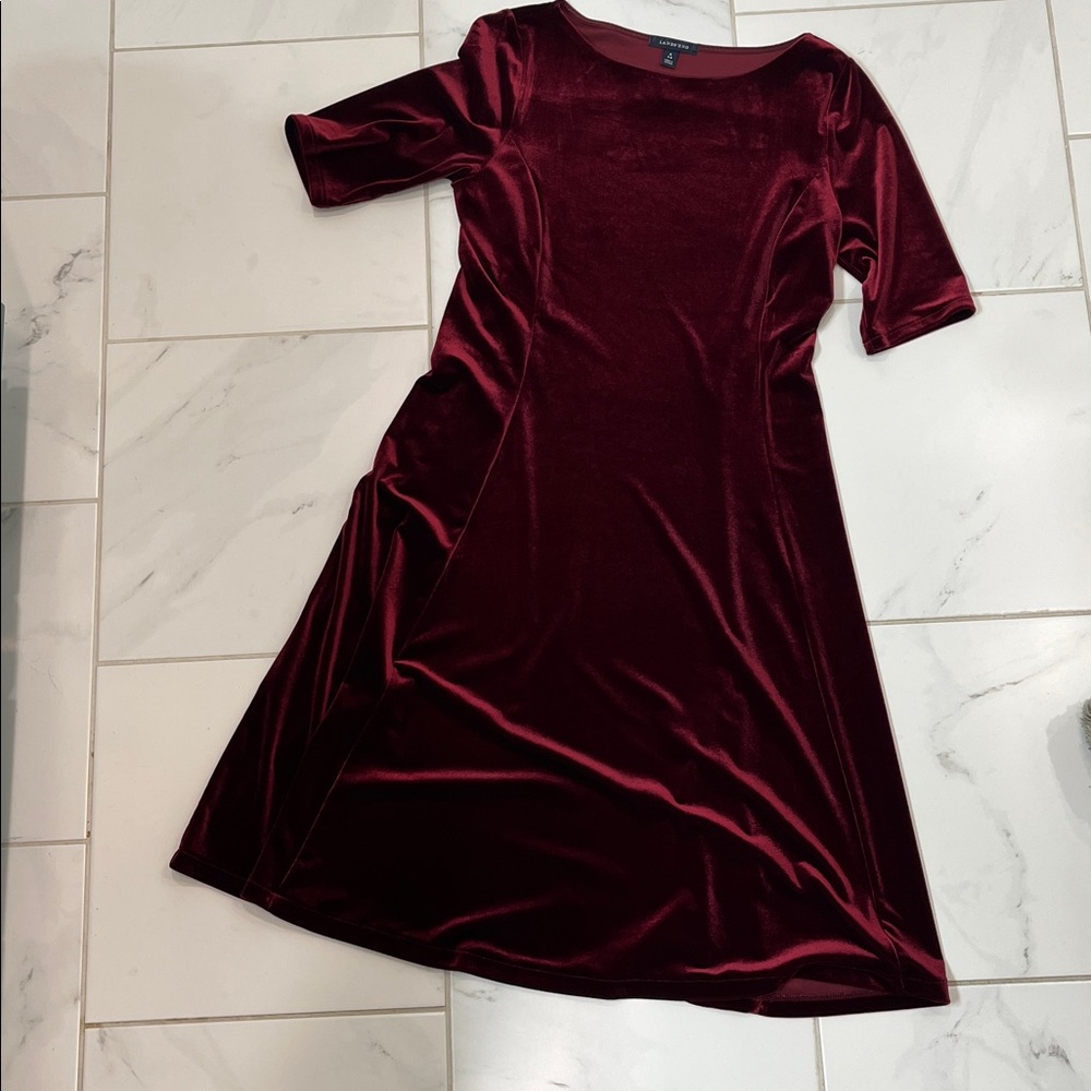 Lands End Deep Red Stretch Velvet Midi Dress